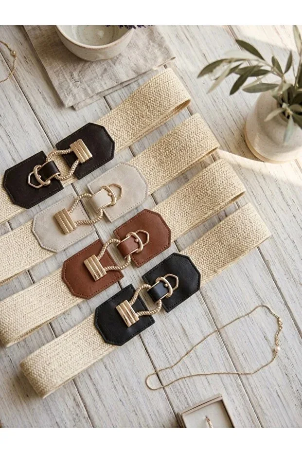4-Piece Woven Buckle Straw Elastic Women's Belt, Jacket Belt, Shirt Belt, Dress Belt