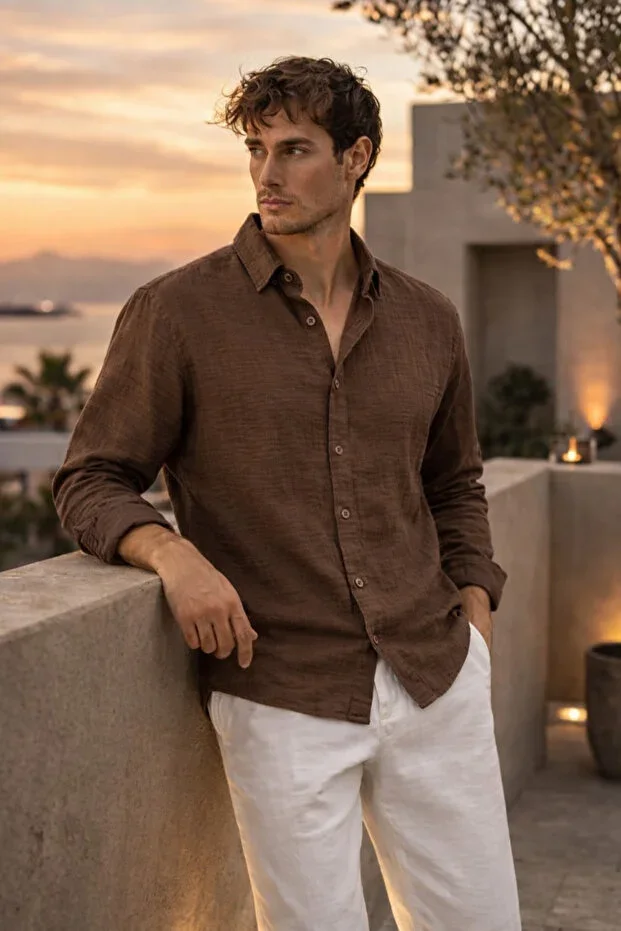 Breathable Half Oversize Muslin Fabric Long Sleeve Collared Men's Shirt - Coffee