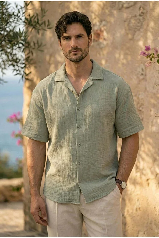 Half Oversize Lapel Collar Short Sleeve Muslin Fabric Men's Shirt - Khaki