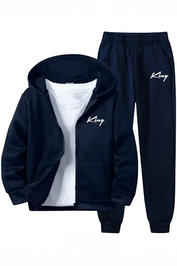 Merry Store King Print Zippered Boys Top Bottom Tracksuit Set