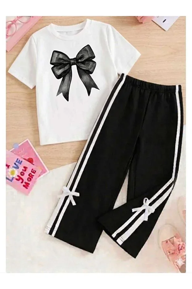 Girl's T-shirt and Sweatpants 2-Piece Set with Bow and Stripe Detail