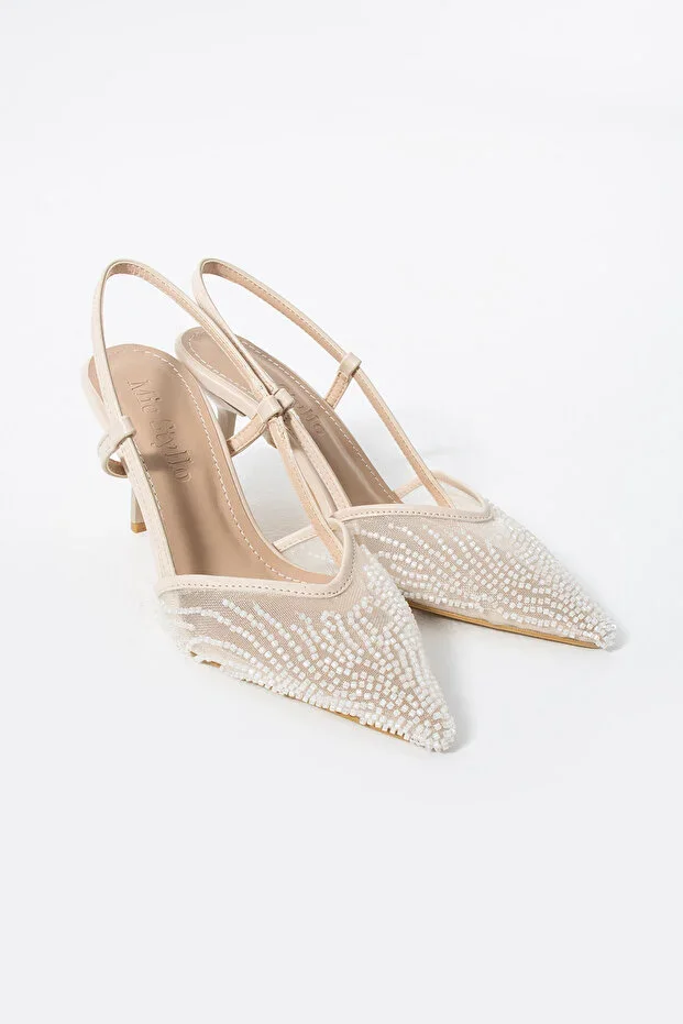Styllo File Embroidery and Bead Detailed Pointed Toe Women's Heeled Shoes