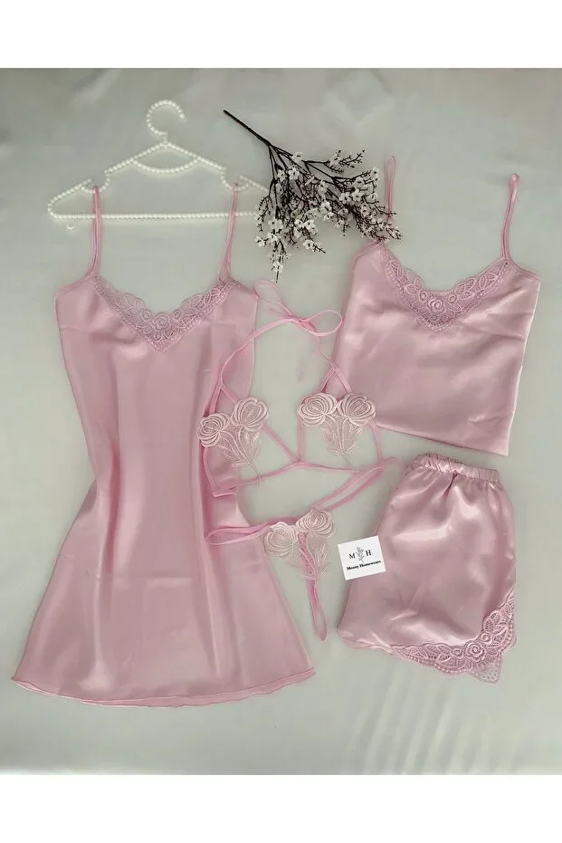5-Piece Pink Chocolate Satin Nightgown Dowry Set