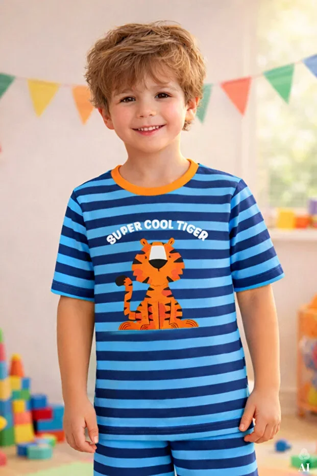 Boys Cotton Striped Printed Short Sleeve Pajama Set