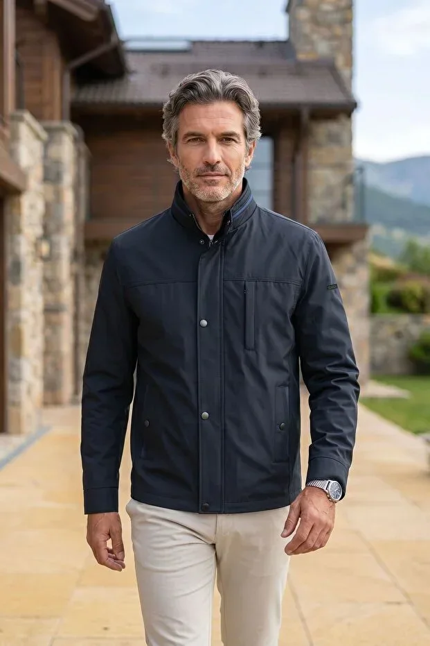 Men's Stand-Up Collar Double Pocket Lined Seasonal Navy Blue Jacket - A00002