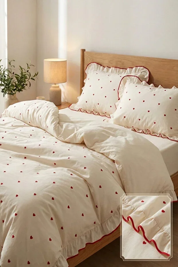 Frilled 100% Cotton Heart Single Duvet Cover Set