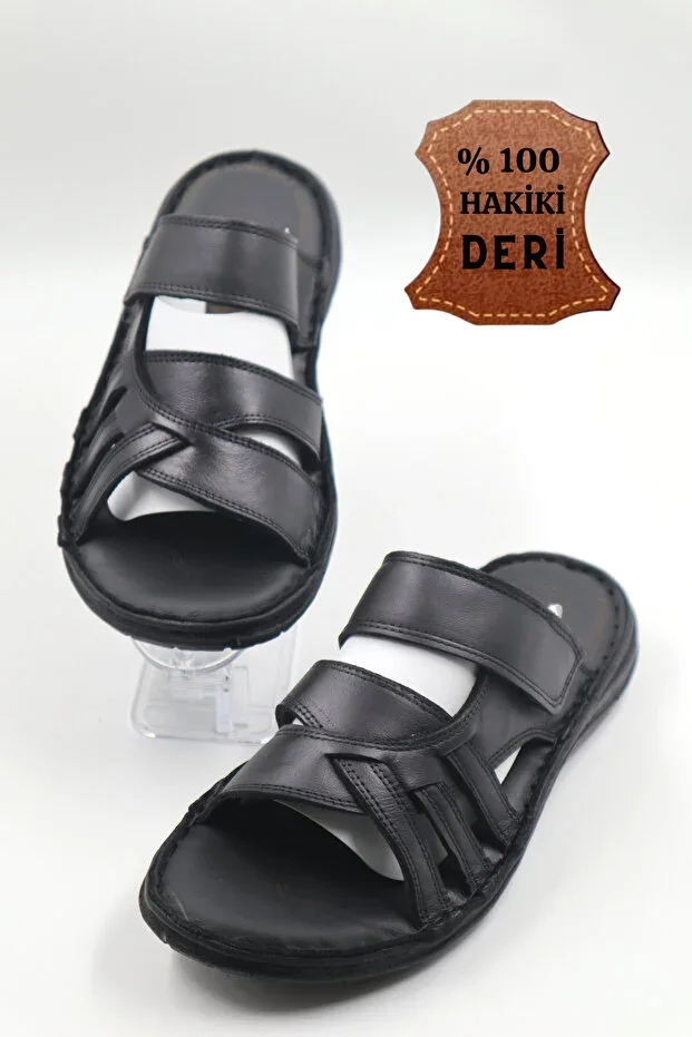 Men's Genuine Leather Black Slipper