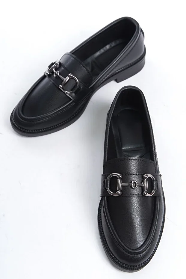 Women's Loafer Moccasin Black Daily Shoes with Large Buckle