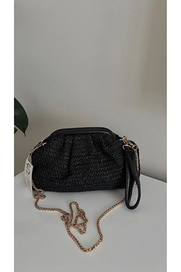 Women's Straw Leather Detailed Clutch Bag