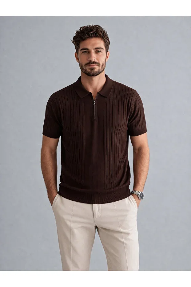 Brown Zip-Up Regular Fit Polo Neck T-Shirt