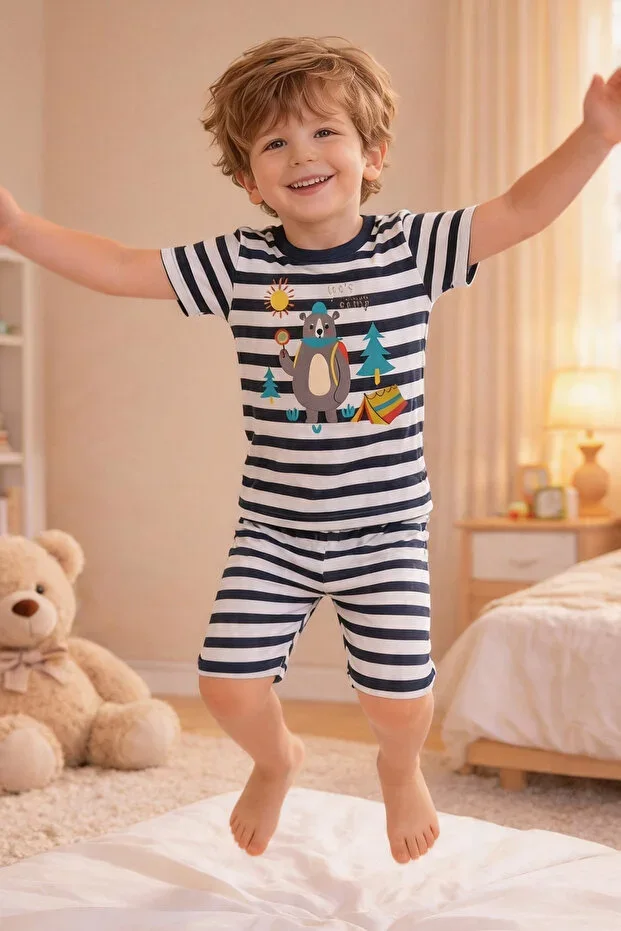 Boys Cotton Striped Printed Short Sleeve Pajama Set