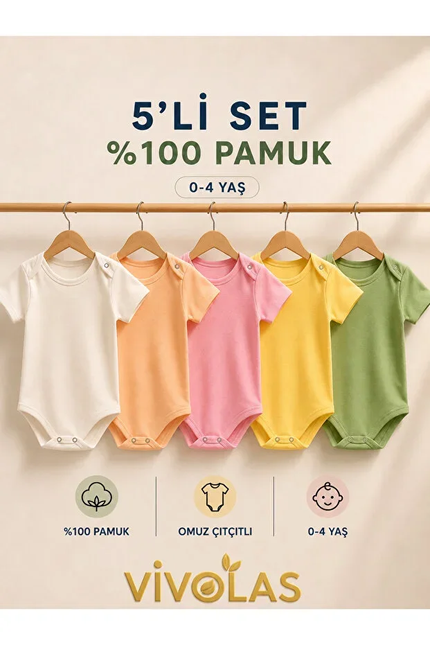 %100 Organic Cotton Short Sleeve Bodysuit 5-Piece Set Baby Girl & Child 0-4 Years