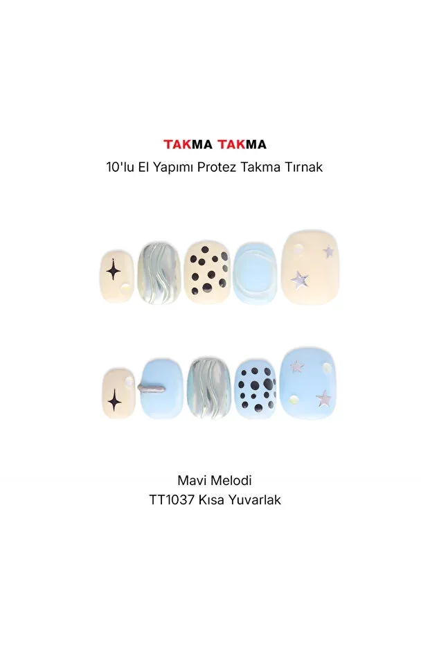 10 Pcs Blue Short Round TT1037 Reusable Handmade Press-On Nails Blue-S