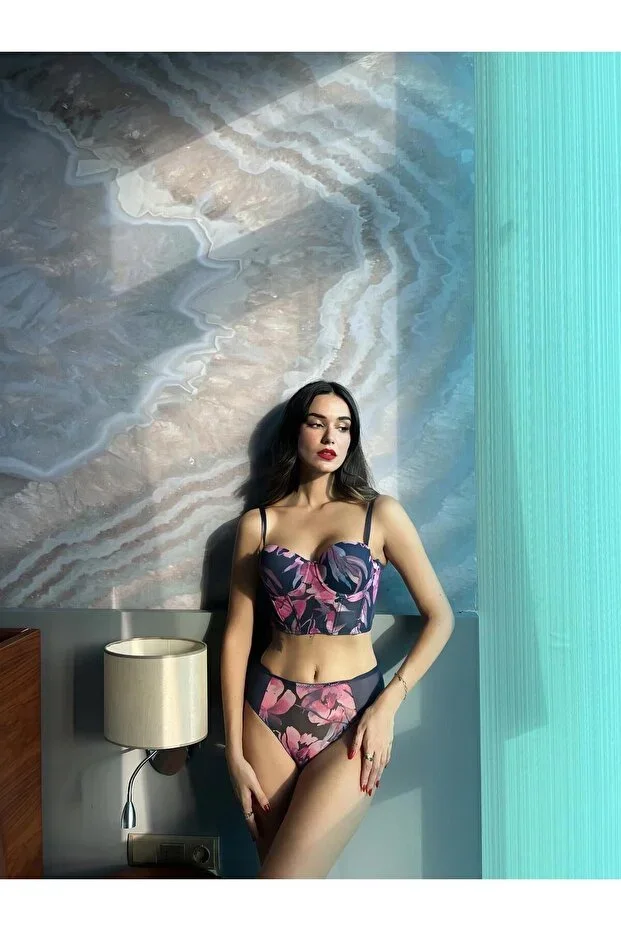 Printed Corset Navy Blue Bra Set(677)