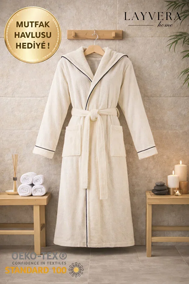 Unisex Cream Bathrobe %100 Cotton | High Quality, Hooded and Trimmed