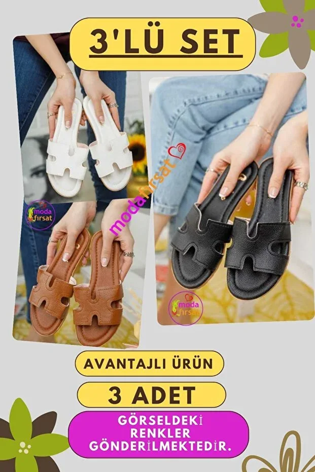 3 Piece Pack Women's Daily Slippers Guest Bundle Home Beach Sea Outdoor Slippers Triple Slipper Set