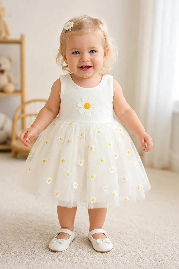Papatya Embroidered Summer Tulle Snap Bodysuit Dress (100% COTTON)