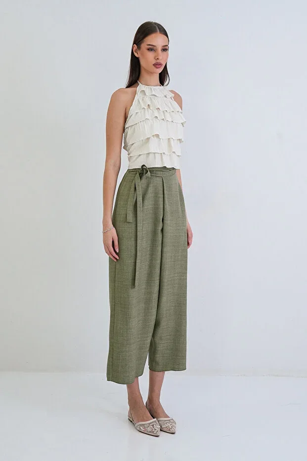 Khaki Sofia Linen Crossover Tie-Waist High-Waist Hidden Zipper Pants ALC-X15301