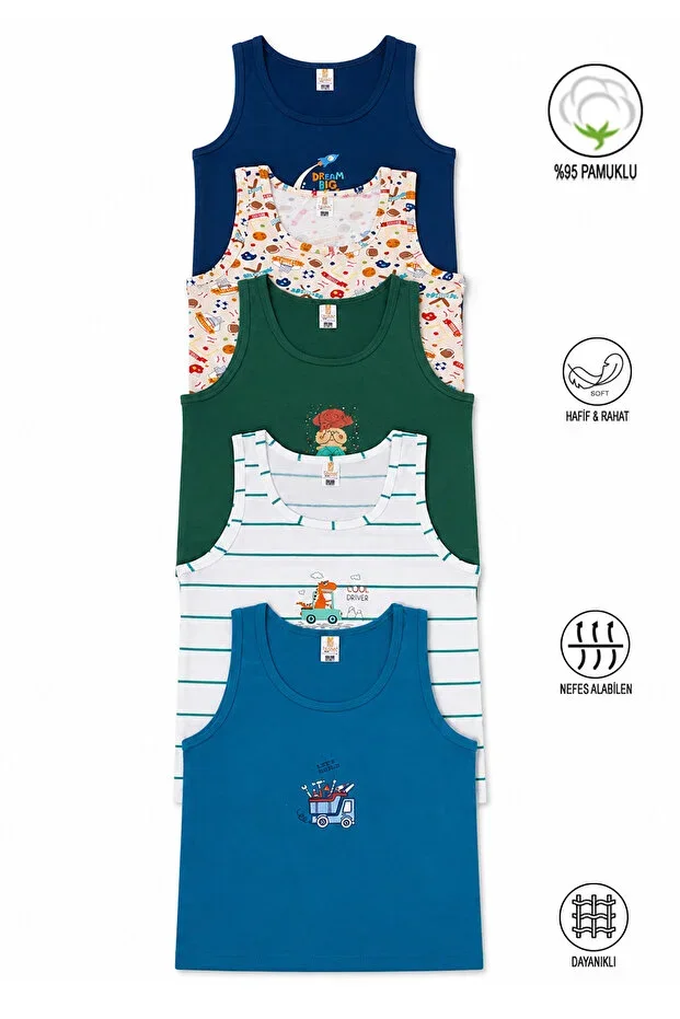 Özkan 31800 5-Pack Boys' Mixed Color Patterned Cotton Soft Comfortable Thick Strap Undershirt