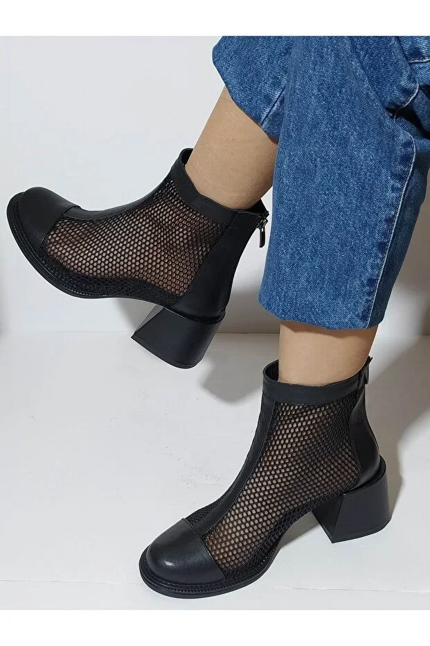Women's Black Mesh Genuine Leather Heeled Summer Boot K.268-001
