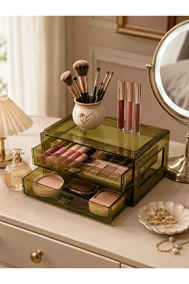 DRAWER BOX: Acrylic, Olive Green, 3 Drawer Organizer
