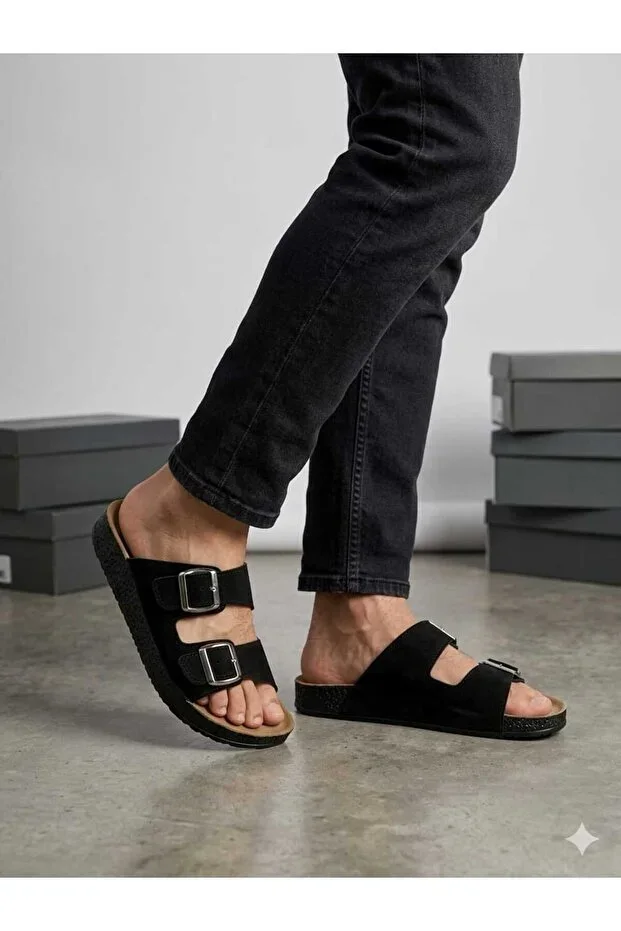 Double Buckle Black Comfort Full Heart Slippers