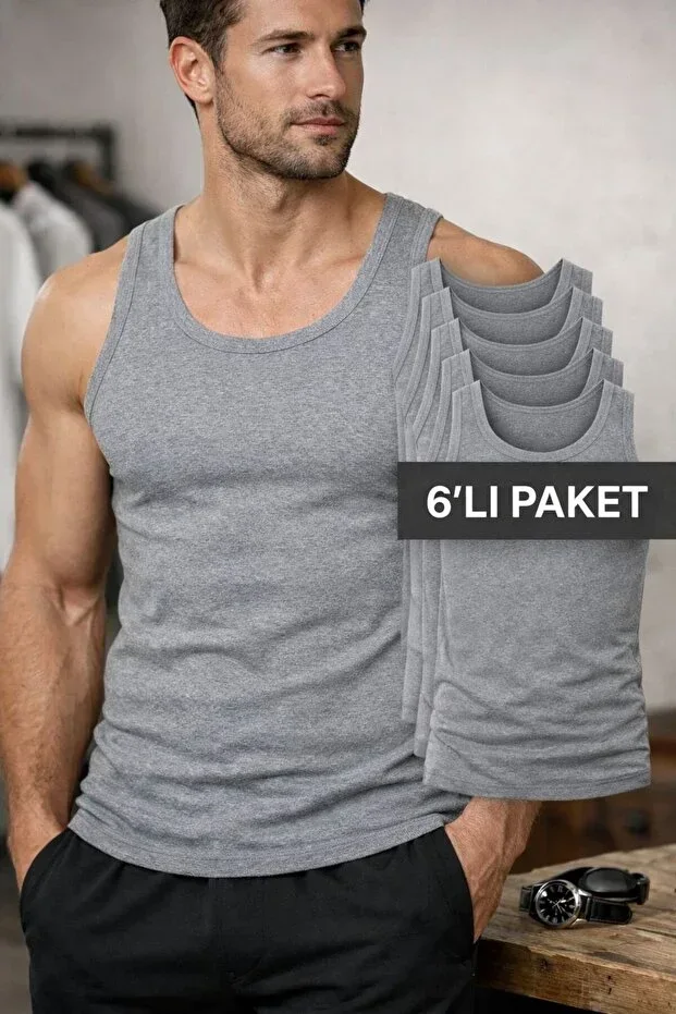 Grey Men's Cotton Ribbed Tank Top 6-Pack