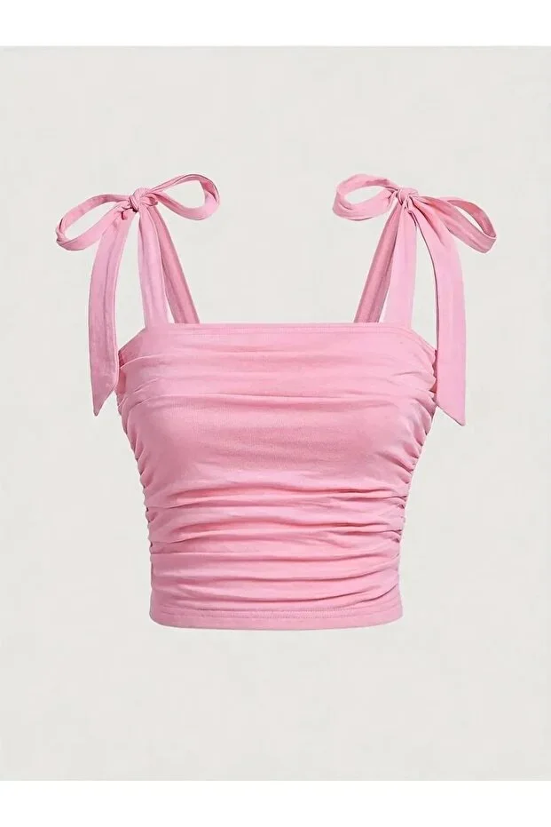 Bow Detail Summer Crop Top - Bow Shoulder Tie Summer Wide Strap Top Blouse