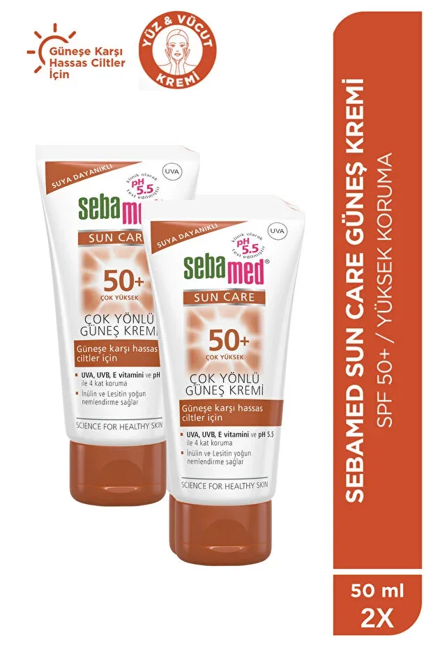 Sun Cream SPF 50+ 50 ml 2 Piece Set UVA UVB Filtered Vitamin E Triple High Protection Multi-Purpose