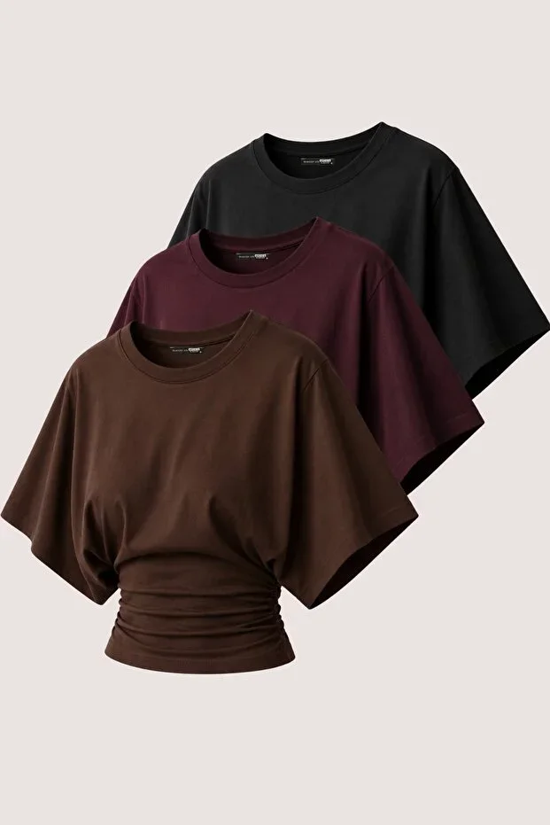 GhassyCo 3-Piece Women's 100% Cotton Flexible Batwing Sleeve Fitted Waist Round Neck Summer Jersey Sport T-Shirt