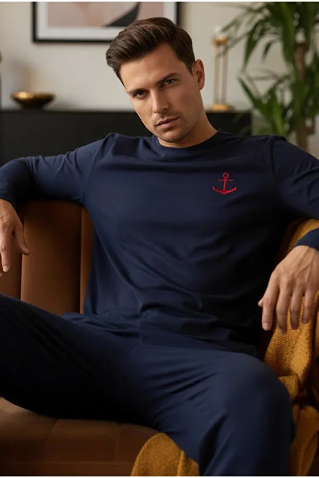 Navy Blue Long Sleeve Knit Men's Pajama Set 7795