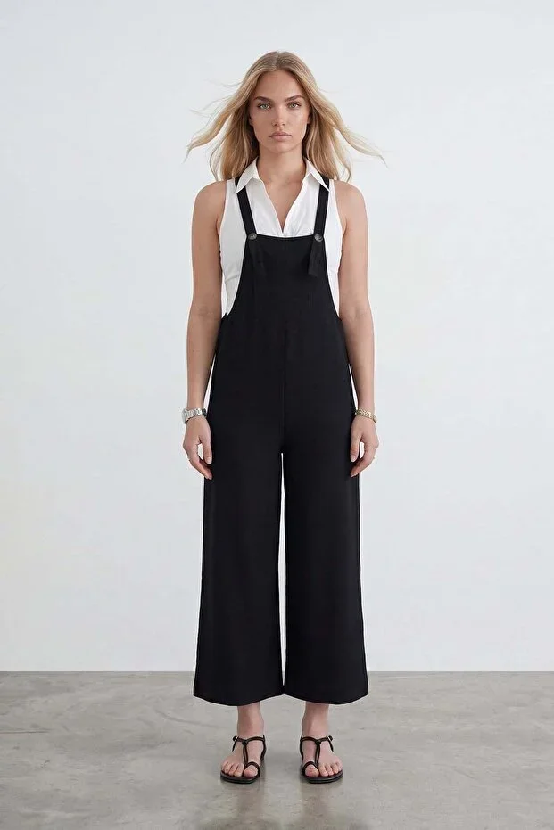 Women Black-1 Pocketed Strap Gabardine Overalls Alc-X12186