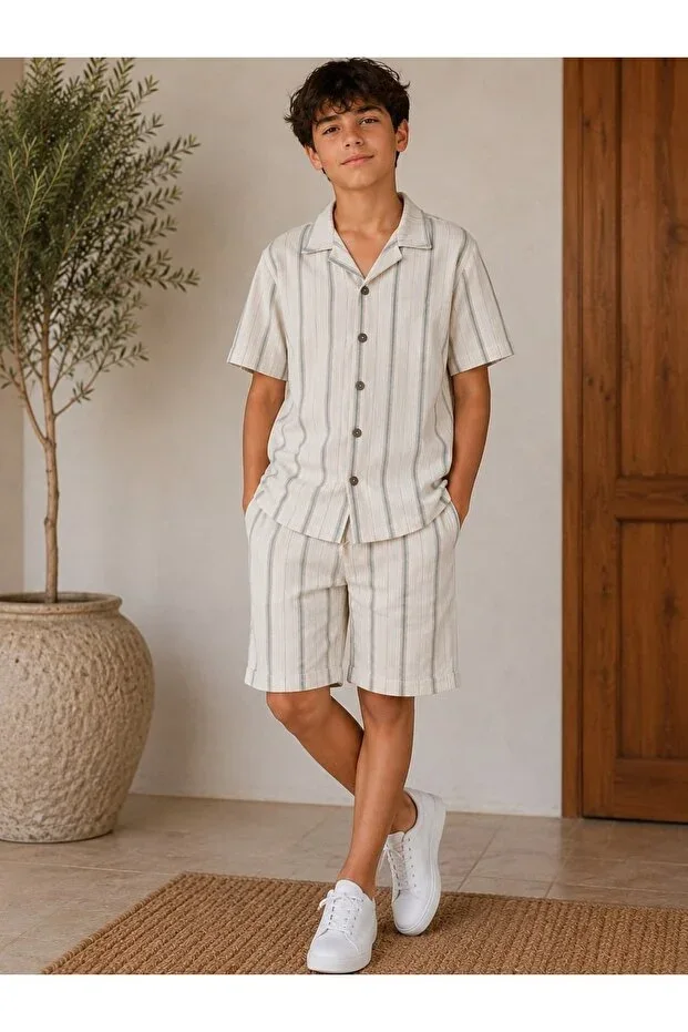 Linen Shirt Collar Striped Linen Suit