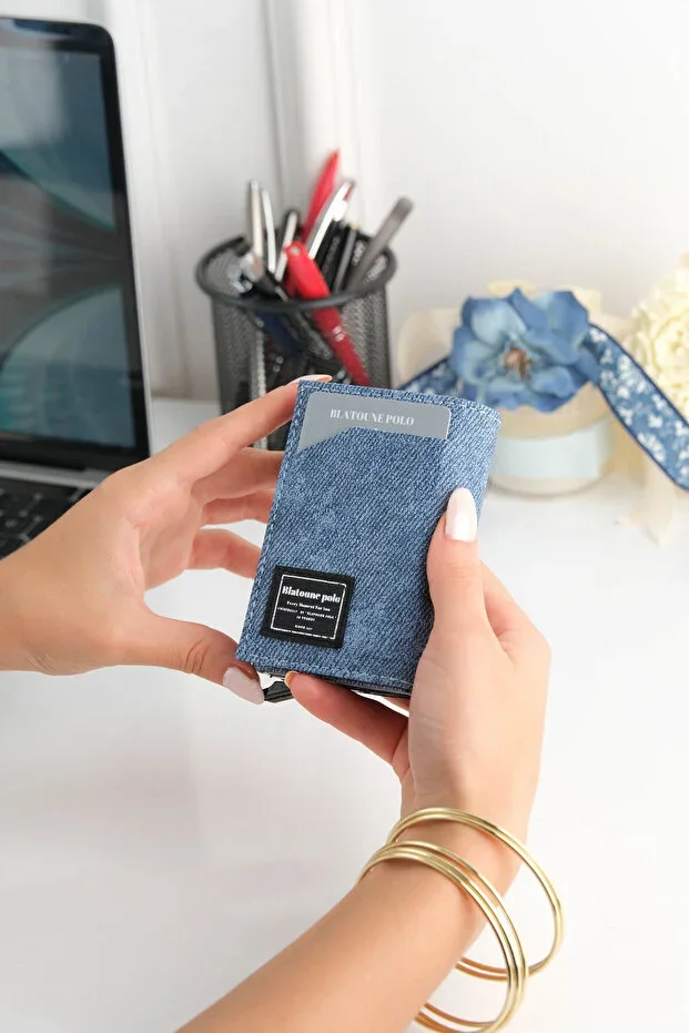 Unisex Denim Leather Wallet – Premium Quality Aluminum Mechanism, Card Holder for Women & Men