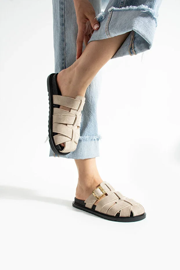 Julia Women's Beige Slipper Sandal with Buckle Detail