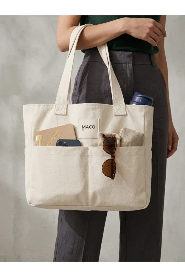 Thick Gabardine Tote Bag Long Strap Multi-Pocket Large Shoulder Bag