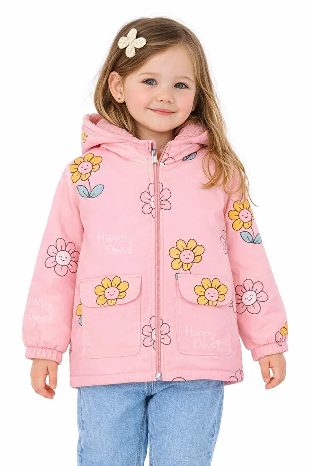 Mıss Crıspy Exclusive MISS 330-12-25 Girls' Flower Patterned Fur Lined Hooded Jacket – Pocketed, Zippered, Winter