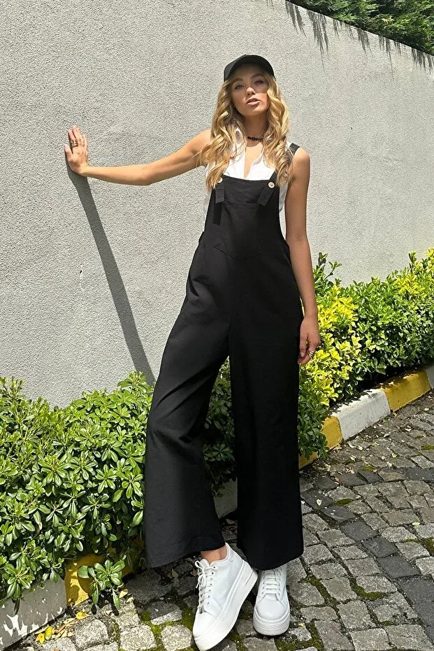 Women's Black Pocketed Strap Gabardine Overalls ALC-X12186