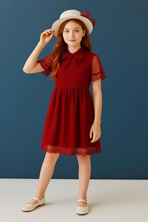 Girl's Dress with Hat and Hostess Collar Detail Red