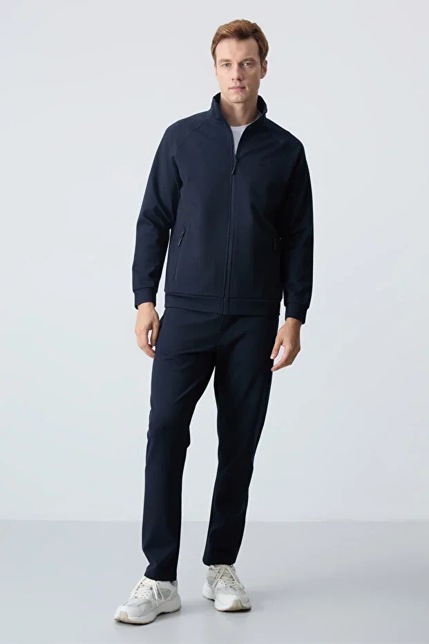 Navy Blue Stand-Up Collar Two-Tone Relaxed Fit Classic Leg Men's Tracksuit Set - 85113