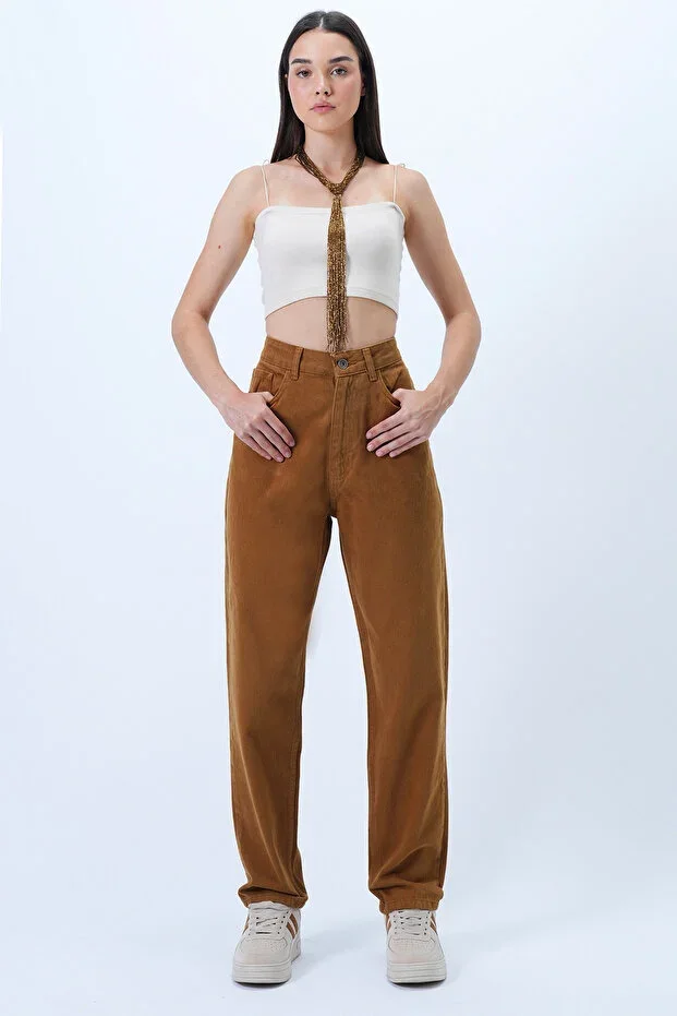 Women's Cinnamon Coffee 5 Pocket Gabardine Mom Jean Trousers ALC-X14304