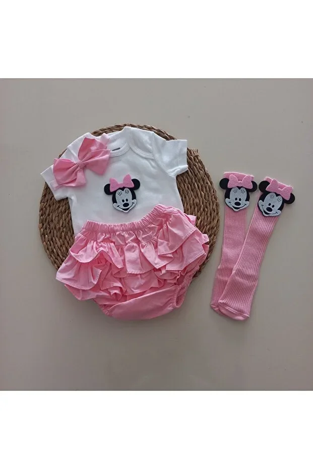 Baby Girl Pink Minnie Ruffle Skirt Shorts Bodysuit Socks Set