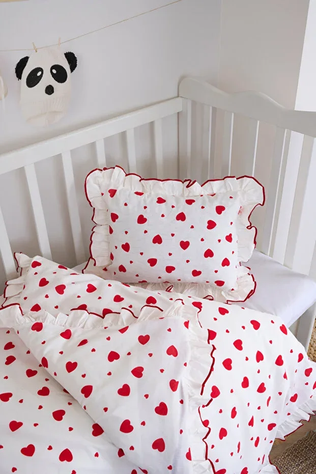 Heart Ruffled Baby Duvet Cover Set | 3 Piece Set (Duvet Cover-Sheet-Pillowcase) | Cotton, Red Trim, Soft | 100 x 150 cm