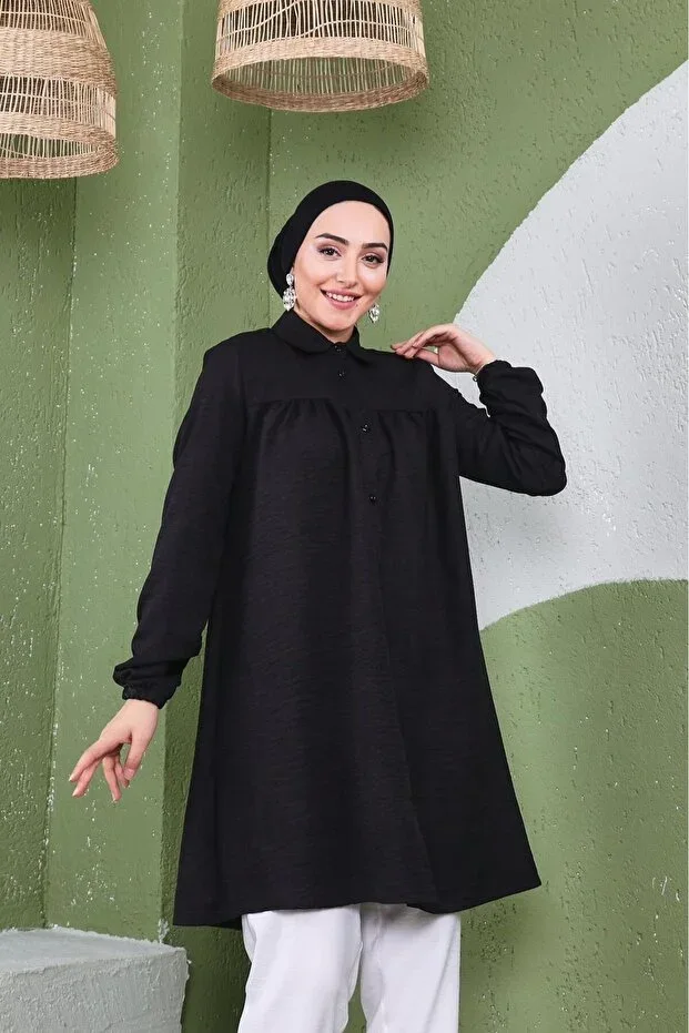 Giyim Gezegeni Front Shirred Sleeve Elasticated Women's Imported Linen Tunic Shirt