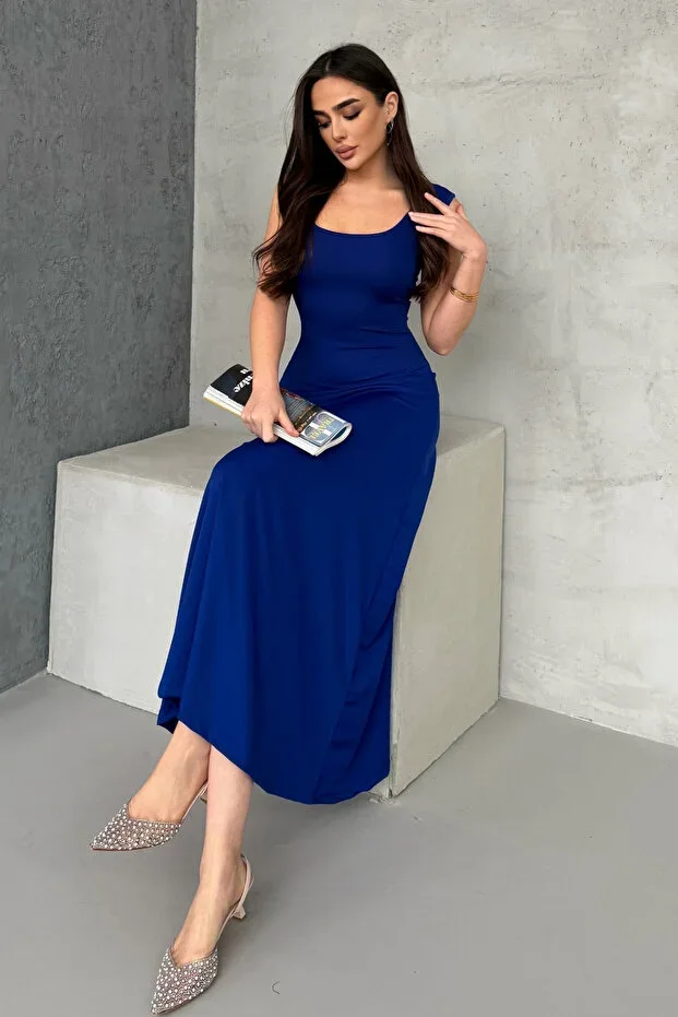 Women's Sax Soft Touch Fabric Front Back Square Neck Dress