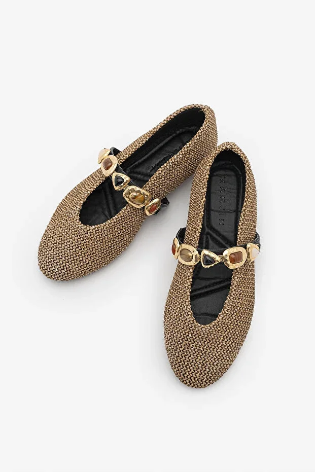 Women's Beaded Strap Braided Casual Flat Shoes Asora Beige Straw