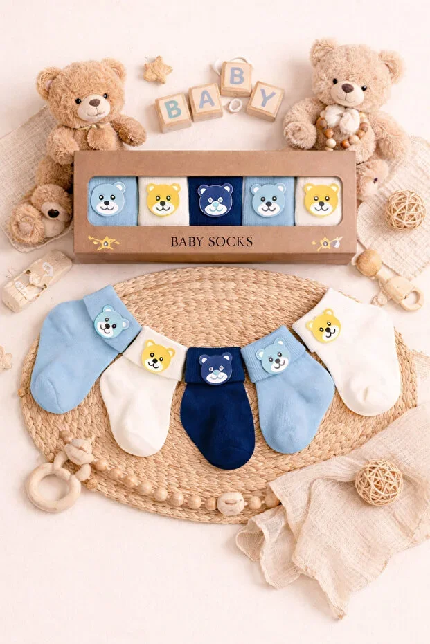 5 Pairs Boxed Bear Accessory Baby Boy Socks 0-6 Months