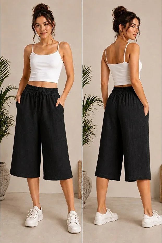 Niora Moda Elastic Waist Laced Black Linen Capri