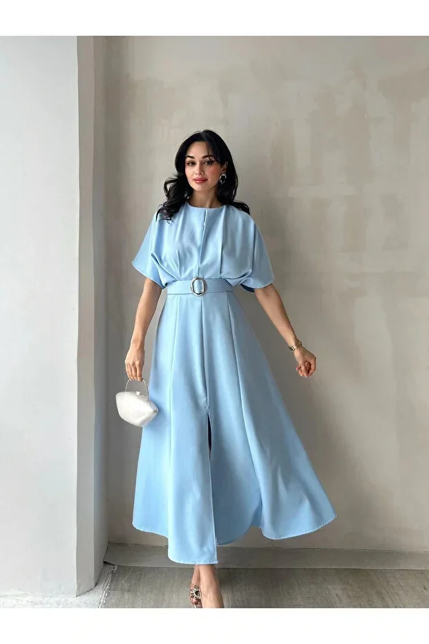 DRESS MIDI BABY BLUE WITH BELT DETAIL WOMEN
