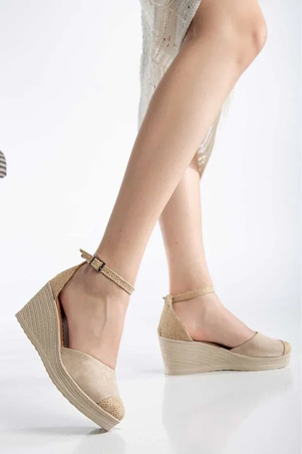 Beige Suede Wedge Heel Espadrille Platform Shoes with Ankle Strap - Model Code 160